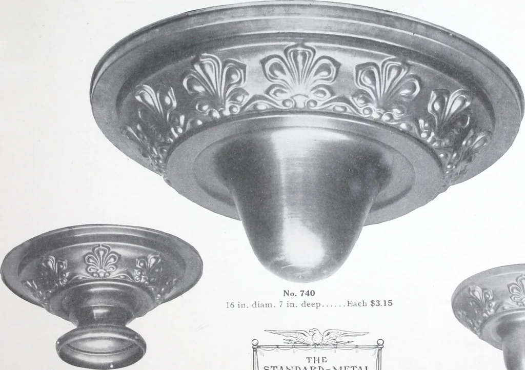 An illustration from Illustrated catalog of ornamental spun and stamped shells and fittings for gas and electric fixtures manufactured by the Standard Metal Spinning Co., 1914, leaf 8