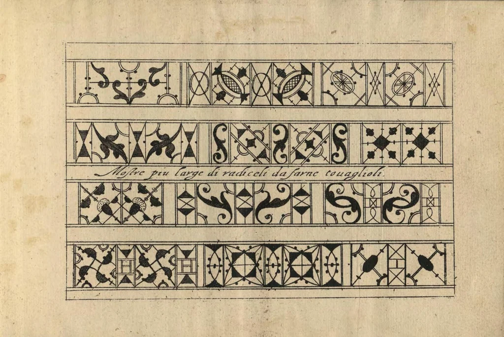 An illustration from Nuova inventione de diverse mostre cosi di punto in aere come di reticelli hoggi di usate per tutte li parte del mondo : con merletti mostretti da colari eda Mareghiti et merli per cantoni di fazoletti, 1596, leaf 16