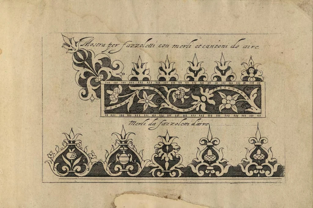 An illustration from Nuova inventione de diverse mostre cosi di punto in aere come di reticelli hoggi di usate per tutte li parte del mondo : con merletti mostretti da colari eda Mareghiti et merli per cantoni di fazoletti, 1596, leaf 22