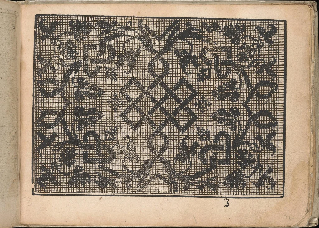 An illustration from Neu künstlichs Modelbuch: Von allerhand artlichen und gerechten Modeln, auff der laden zuwircken, 1598, leaf 32