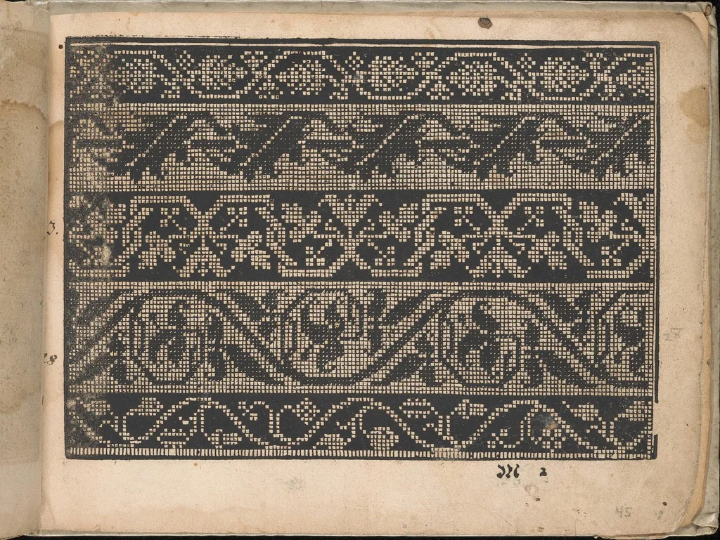 An illustration from Neu künstlichs Modelbuch: Von allerhand artlichen und gerechten Modeln, auff der laden zuwircken, 1598, leaf 45