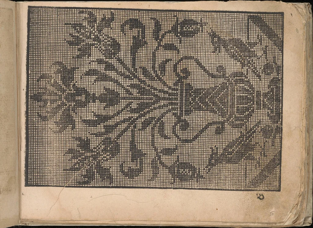 An illustration from Neu künstlichs Modelbuch: Von allerhand artlichen und gerechten Modeln, auff der laden zuwircken, 1598, leaf 5