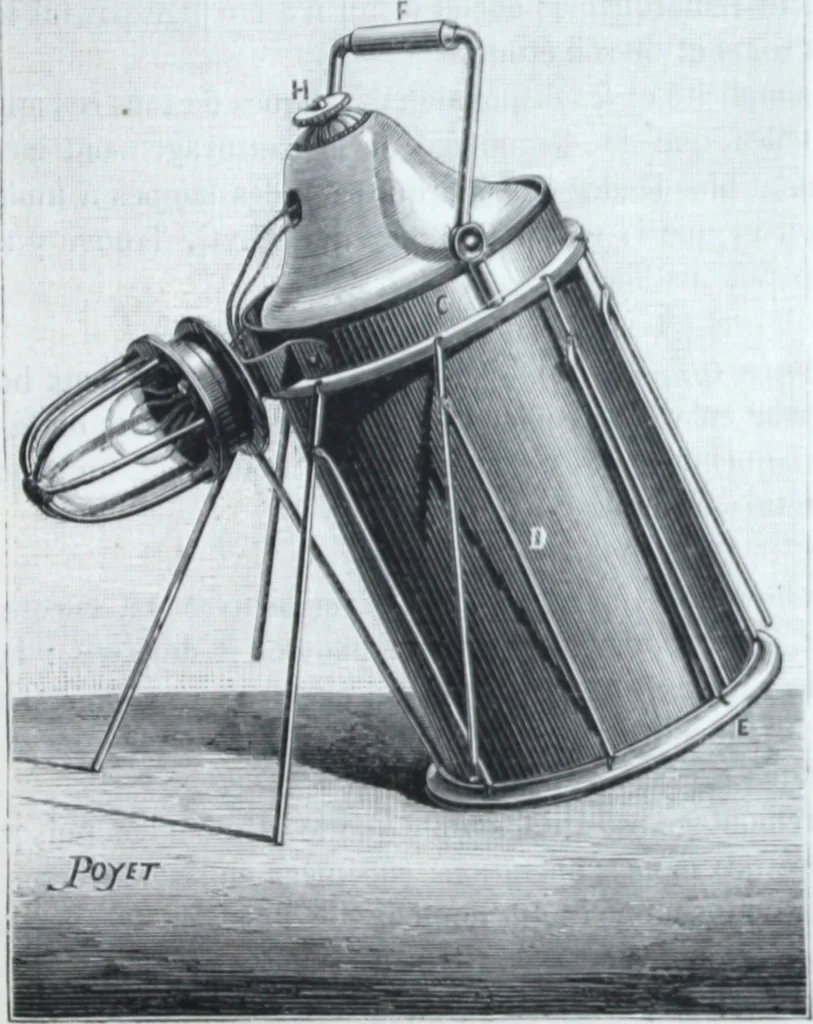 An illustration from Lampes electriques universelles Trouve de surete portatives, automatiques, reglables et inversables de M. G. Trouve., 1884, leaf 10
