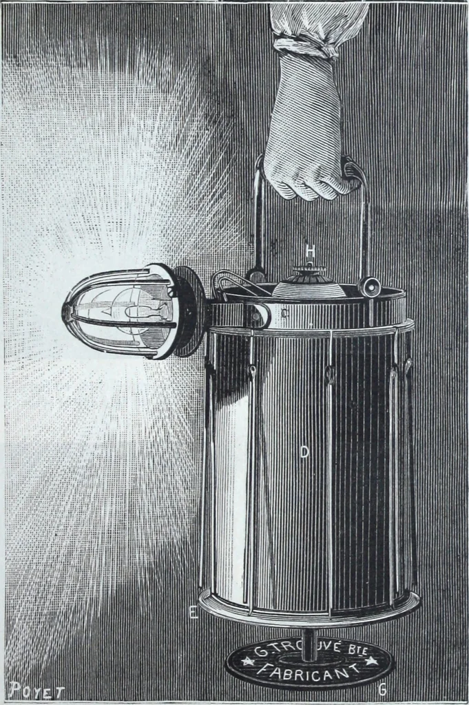 An illustration from Lampes electriques universelles Trouve de surete portatives, automatiques, reglables et inversables de M. G. Trouve., 1884, leaf 12