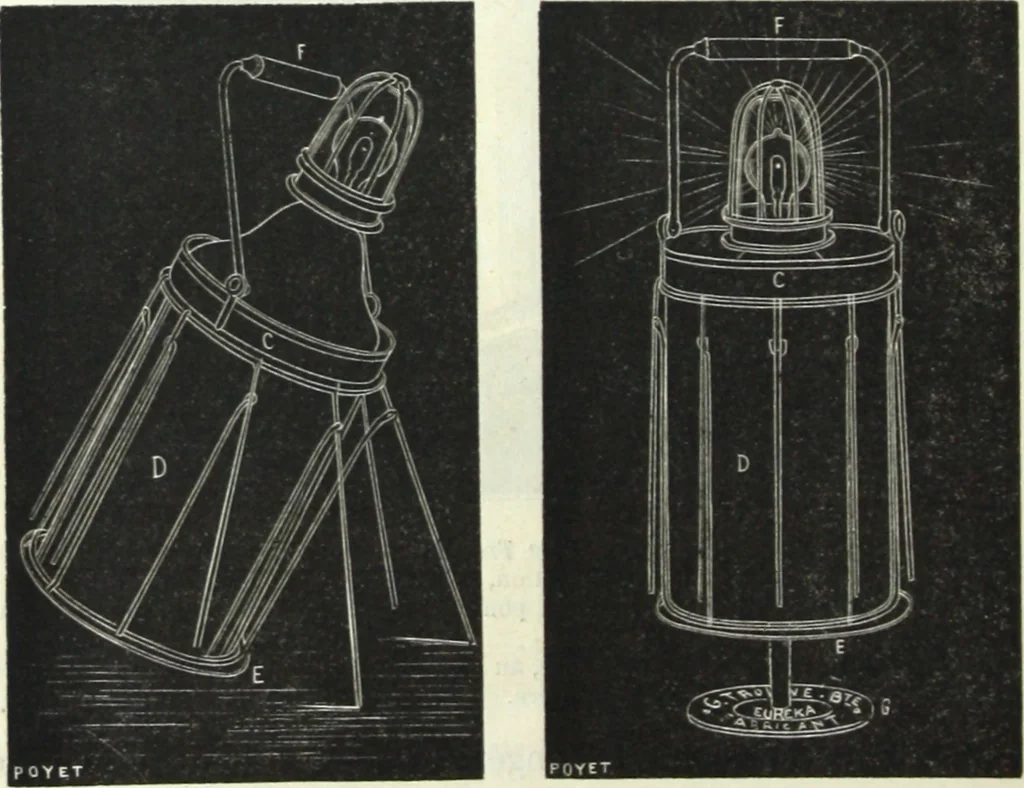 An illustration from Lampes electriques universelles Trouve de surete portatives, automatiques, reglables et inversables de M. G. Trouve., 1884, leaf 13