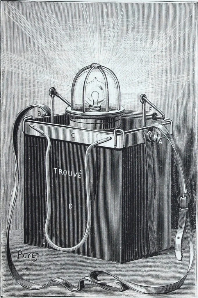 An illustration from Lampes electriques universelles Trouve de surete portatives, automatiques, reglables et inversables de M. G. Trouve., 1884, leaf 6