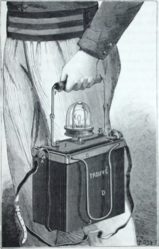 An illustration from Lampes electriques universelles Trouve de surete portatives, automatiques, reglables et inversables de M. G. Trouve., 1884, leaf 8