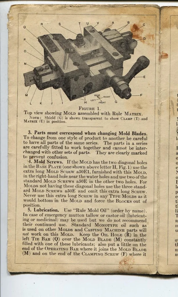 An illustration from Directions for Care and Cleaning Continuous Strip Lead and Rule Molds, 1921, leaf 2