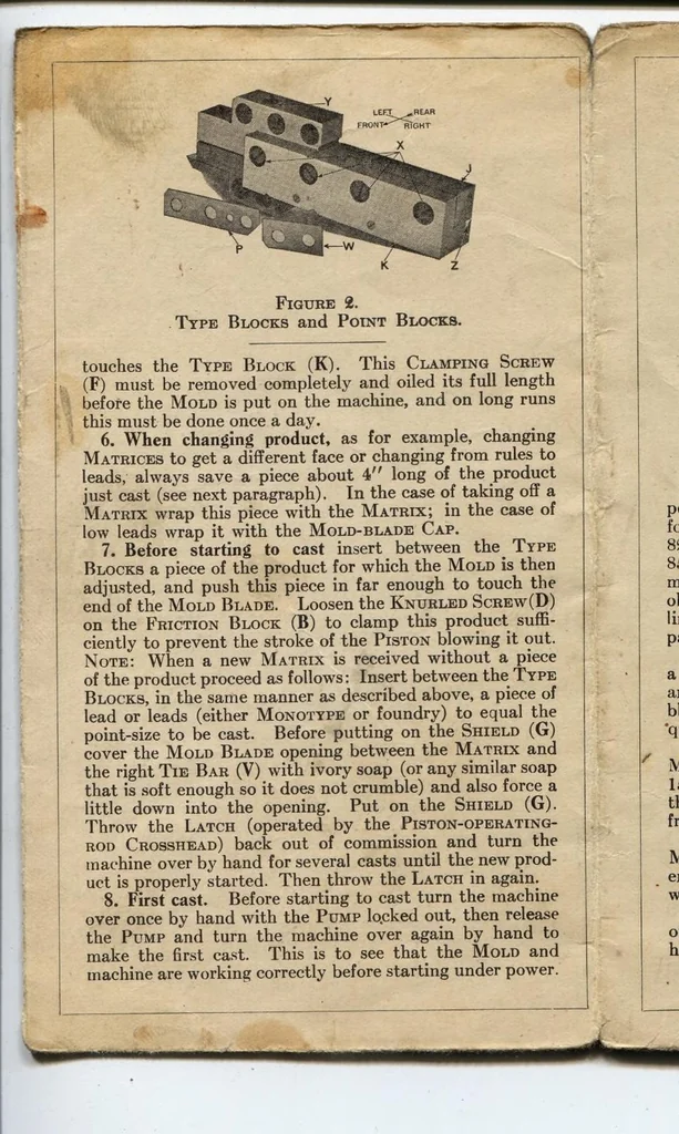 An illustration from Directions for Care and Cleaning Continuous Strip Lead and Rule Molds, 1921, leaf 3