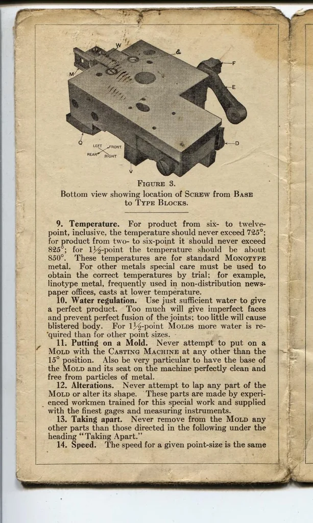 An illustration from Directions for Care and Cleaning Continuous Strip Lead and Rule Molds, 1921, leaf 4