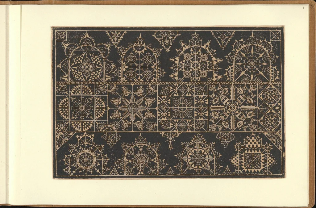 An illustration from Schön newes Modelbuch, von sechshundert [600] ausserwehlten künstlichen sowol Italiaischen, Frantzosischen, Niderlandischen, Engellandischen als Teutschen Modeln; allen Seydenstickern, Nahterin und solcher Arbeit gefliessenen Weibspersohnen zu Nutz zugerichtet, 1617, leaf 1