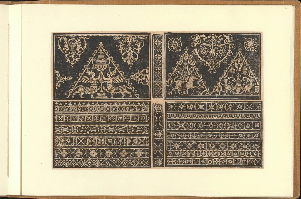 An illustration from Schön newes Modelbuch, von sechshundert [600] ausserwehlten künstlichen sowol Italiaischen, Frantzosischen, Niderlandischen, Engellandischen als Teutschen Modeln; allen Seydenstickern, Nahterin und solcher Arbeit gefliessenen Weibspersohnen zu Nutz zugerichtet, 1617, leaf 15
