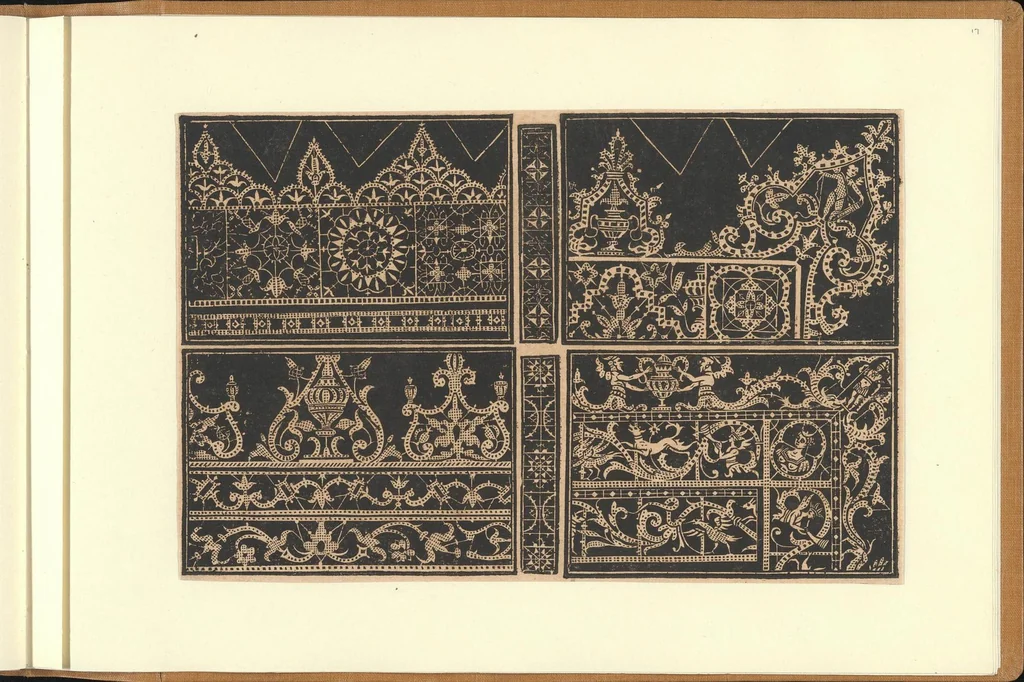 An illustration from Schön newes Modelbuch, von sechshundert [600] ausserwehlten künstlichen sowol Italiaischen, Frantzosischen, Niderlandischen, Engellandischen als Teutschen Modeln; allen Seydenstickern, Nahterin und solcher Arbeit gefliessenen Weibspersohnen zu Nutz zugerichtet, 1617, leaf 17