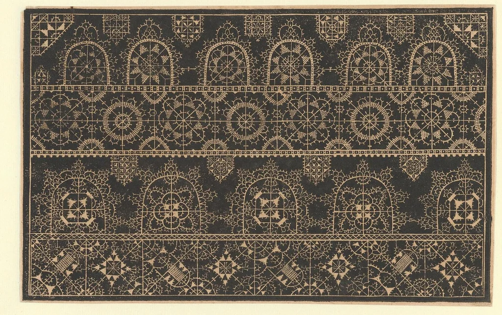 An illustration from Schön newes Modelbuch, von sechshundert [600] ausserwehlten künstlichen sowol Italiaischen, Frantzosischen, Niderlandischen, Engellandischen als Teutschen Modeln; allen Seydenstickern, Nahterin und solcher Arbeit gefliessenen Weibspersohnen zu Nutz zugerichtet, 1617, leaf 7