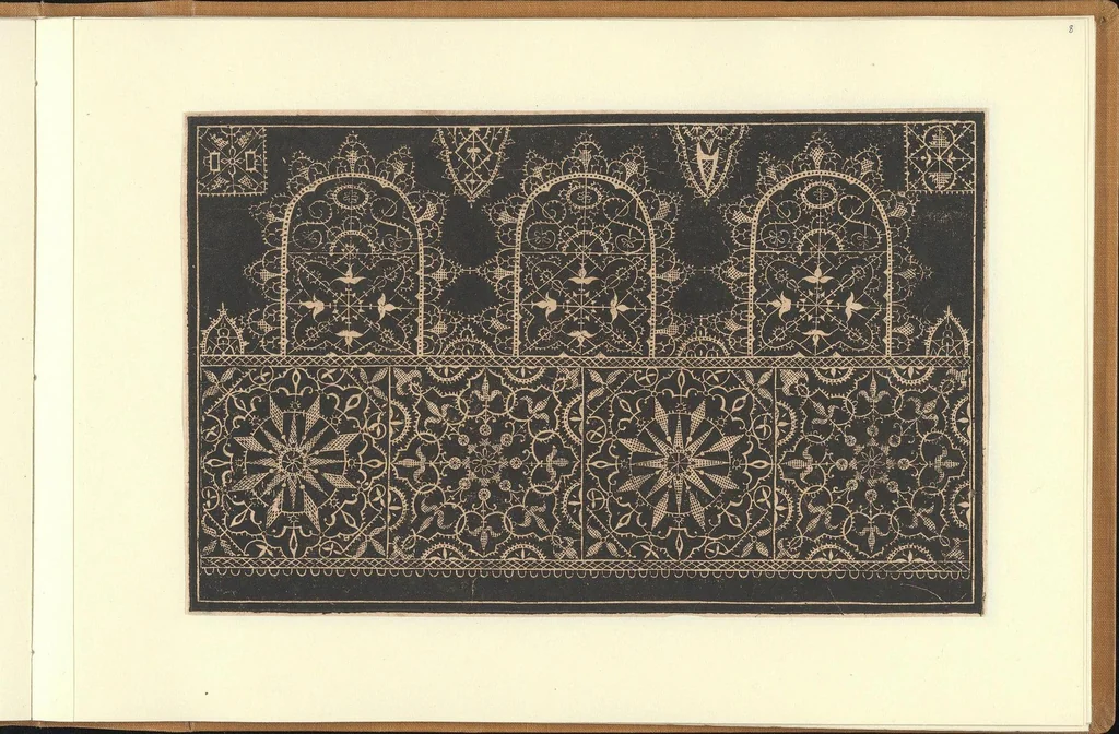 An illustration from Schön newes Modelbuch, von sechshundert [600] ausserwehlten künstlichen sowol Italiaischen, Frantzosischen, Niderlandischen, Engellandischen als Teutschen Modeln; allen Seydenstickern, Nahterin und solcher Arbeit gefliessenen Weibspersohnen zu Nutz zugerichtet, 1617, leaf 8