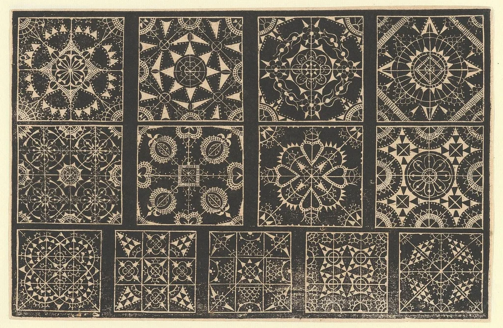 An illustration from Schön newes Modelbuch, von sechshundert [600] ausserwehlten künstlichen sowol Italiaischen, Frantzosischen, Niderlandischen, Engellandischen als Teutschen Modeln; allen Seydenstickern, Nahterin und solcher Arbeit gefliessenen Weibspersohnen zu Nutz zugerichtet, 1617, leaf 9