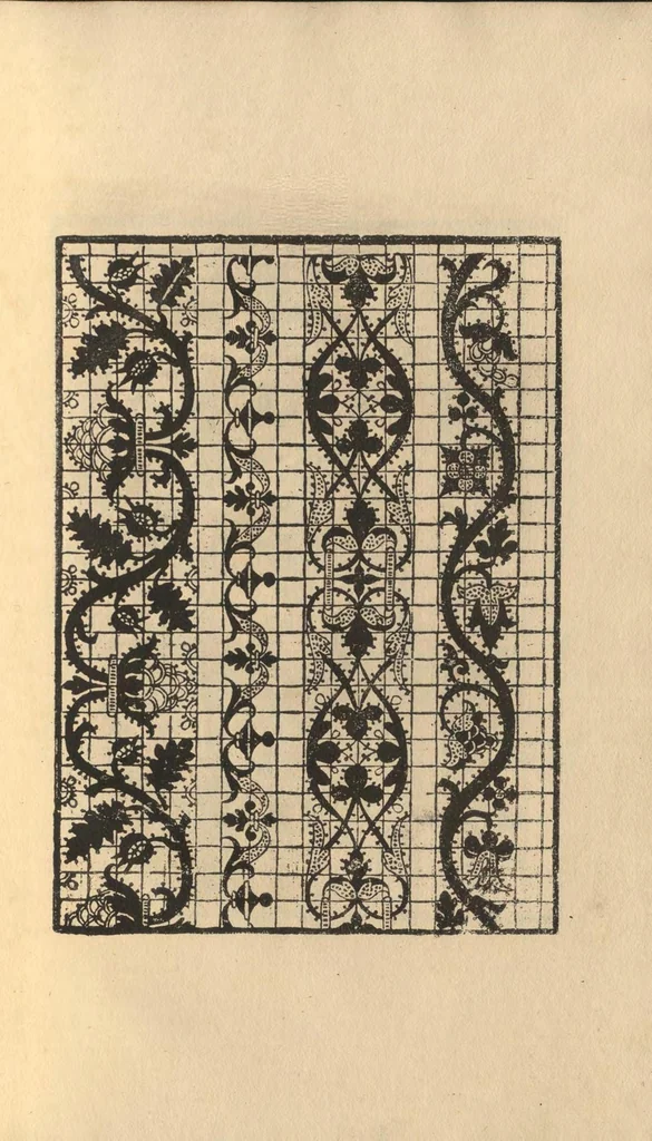 An illustration from L'honesto essempio del uertuoso desiderio che hanno le donne di nobil ingegno, circa la imparare i punti tagliati a fogliami, 1878, leaf 12