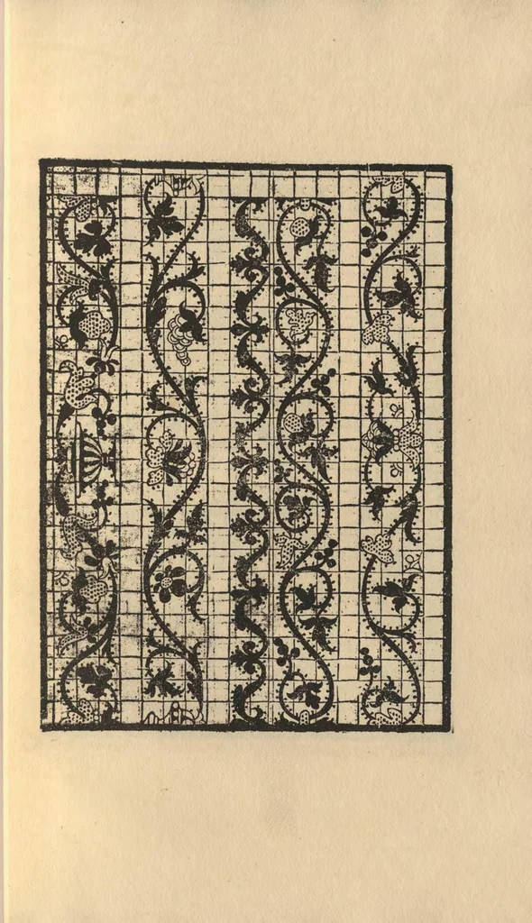 An illustration from L'honesto essempio del uertuoso desiderio che hanno le donne di nobil ingegno, circa la imparare i punti tagliati a fogliami, 1878, leaf 24