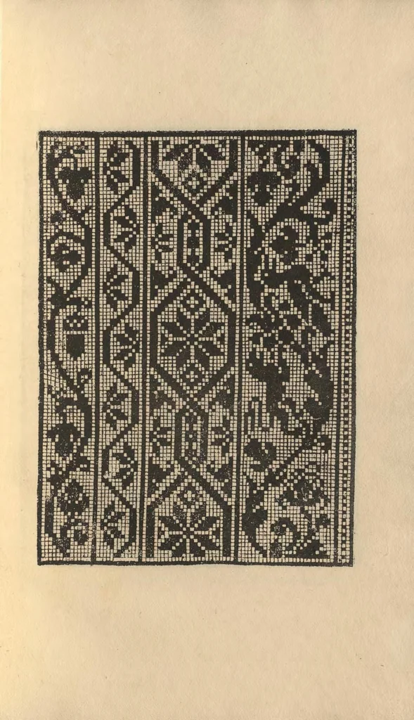 An illustration from L'honesto essempio del uertuoso desiderio che hanno le donne di nobil ingegno, circa la imparare i punti tagliati a fogliami, 1878, leaf 36