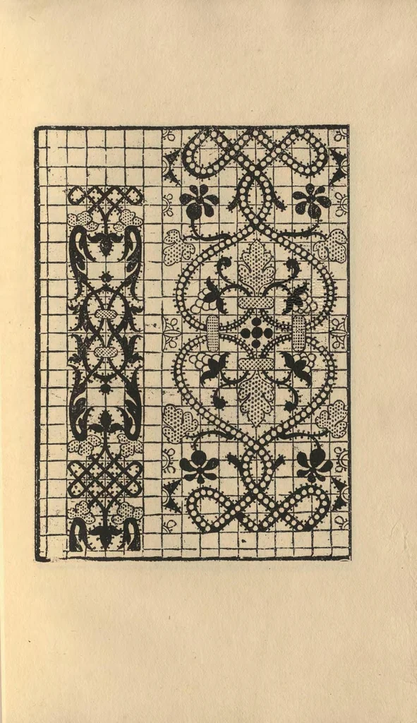 An illustration from L'honesto essempio del uertuoso desiderio che hanno le donne di nobil ingegno, circa la imparare i punti tagliati a fogliami, 1878, leaf 40