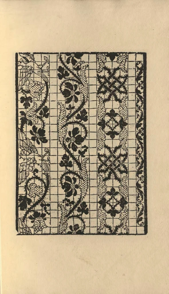 An illustration from L'honesto essempio del uertuoso desiderio che hanno le donne di nobil ingegno, circa la imparare i punti tagliati a fogliami, 1878, leaf 54