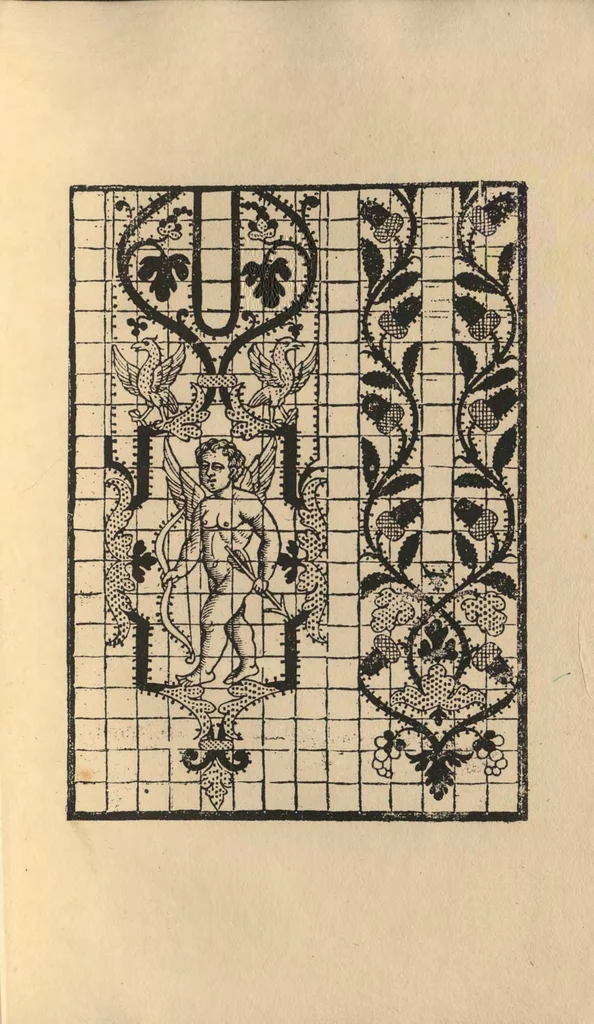 An illustration from L'honesto essempio del uertuoso desiderio che hanno le donne di nobil ingegno, circa la imparare i punti tagliati a fogliami, 1878, leaf 60