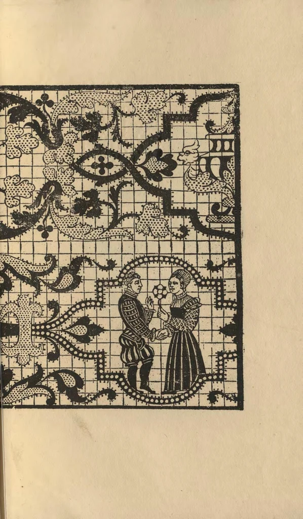 An illustration from L'honesto essempio del uertuoso desiderio che hanno le donne di nobil ingegno, circa la imparare i punti tagliati a fogliami, 1878, leaf 64