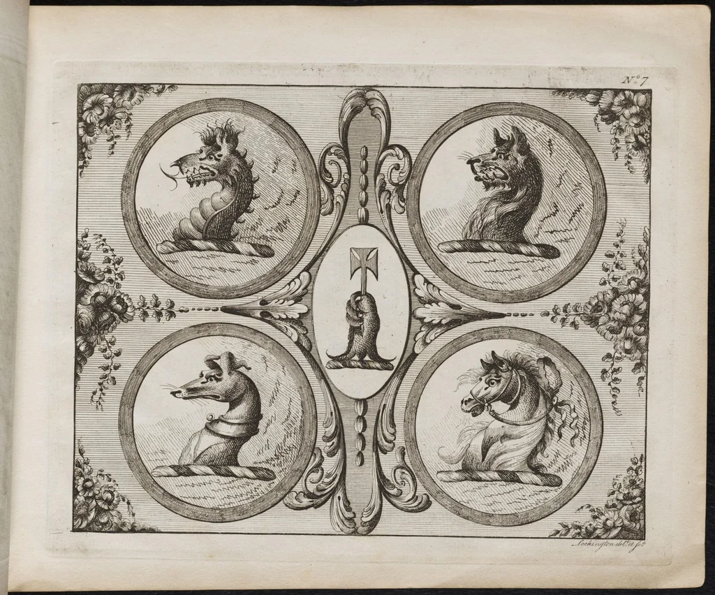 An illustration from J. Lockington's book of ornamented crests : engraved on twelve copper plates, as a cabinet for the gentleman and curious fancy worker, or pattern-book for the coach painter, engraver, jeweller, sadler, plater, embroider, modeller, &c, 1812, leaf 16
