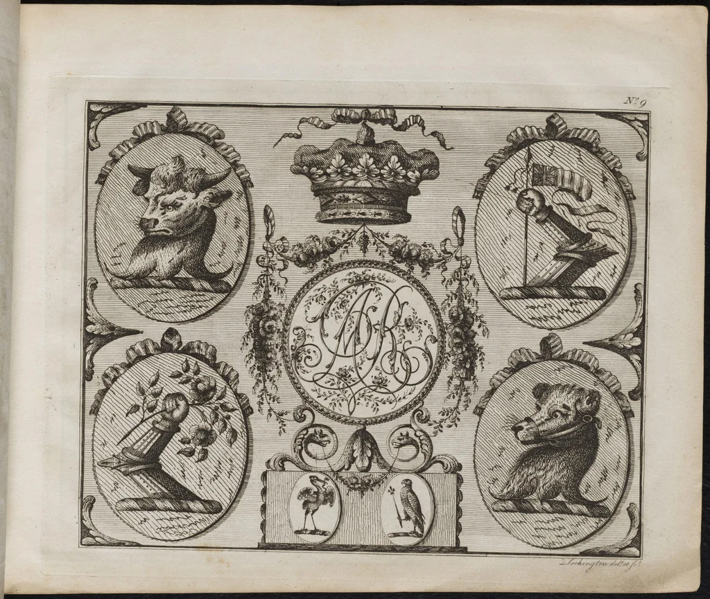 An illustration from J. Lockington's book of ornamented crests : engraved on twelve copper plates, as a cabinet for the gentleman and curious fancy worker, or pattern-book for the coach painter, engraver, jeweller, sadler, plater, embroider, modeller, &c, 1812, leaf 20
