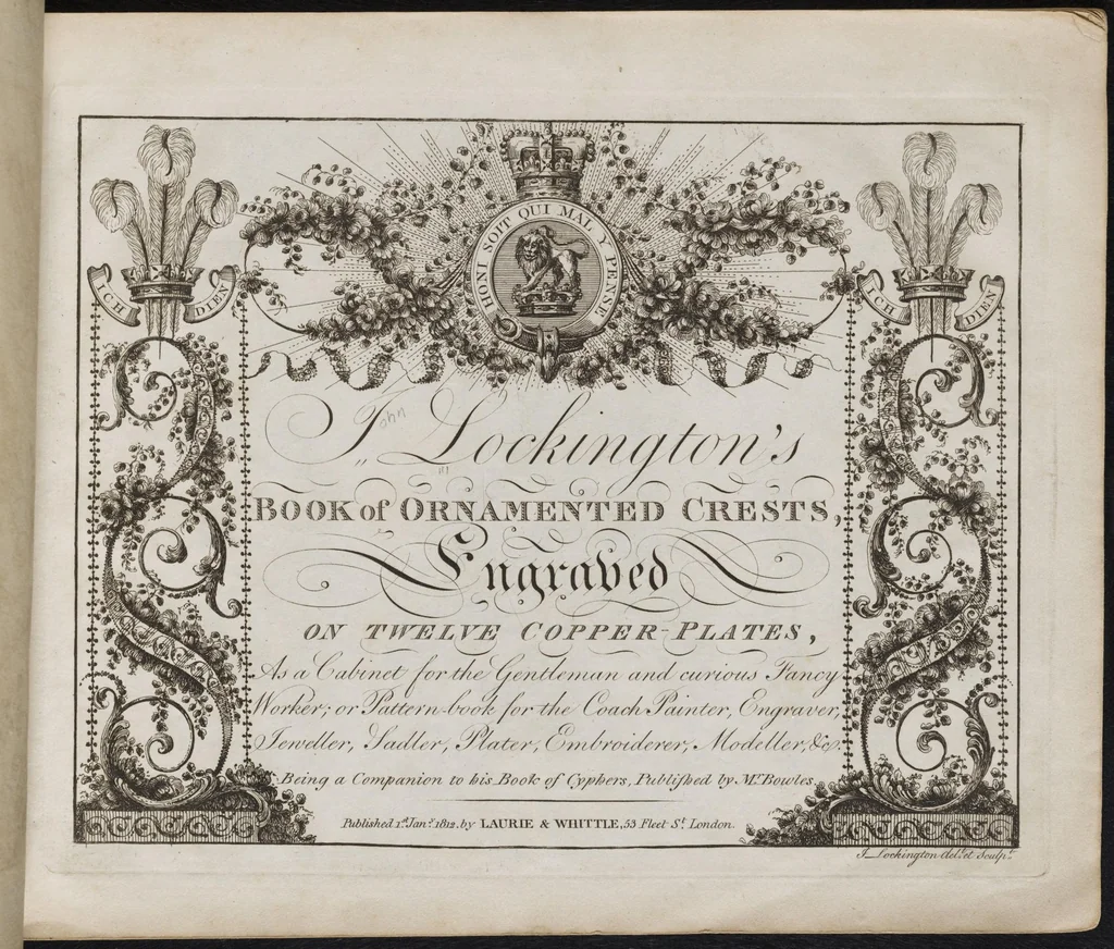 An illustration from J. Lockington's book of ornamented crests : engraved on twelve copper plates, as a cabinet for the gentleman and curious fancy worker, or pattern-book for the coach painter, engraver, jeweller, sadler, plater, embroider, modeller, &c, 1812, leaf 4
