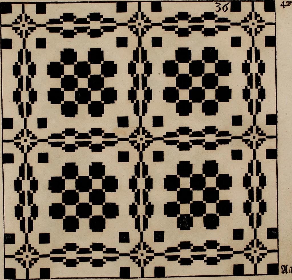 An illustration from Nützliches in lauter auserlesenen, wohl-approbirt- und meistentheils neu-inventirten Mustern bestehendes, Weber-Bild-Buch : als, zwey und siebenzig gesteinten Zeichnungen, von 15. bis auf 40. schäfftig und 32. Stück 16. und 20. schäfftigen Hin- und Wieder-Mödel, auch allerhand der nettesten Gattung von roth-gestreifften Arbeiten, sammt denen dazu gehörigen Zügen und Schnürungen : ingleichen allerhand nöthigen Bildern, auch Doppel-Kellisch, und einer Art von den Damast-Boden, 8. Flügel auf einen Bruch : dann eine Anweisung, wie sich diese Art Züg und Bilder zu halben Brüchen theilen, zerlegen, auch Doppel-Kellisch-Bilder so, wie man sie zum Gebrauch nöthig, selbst versetzen und verändern kan : wobey auch einer jeden Gattung insonderheit eine schrifftliche Anleitung voran gedruckt worden, 1740, leaf 100