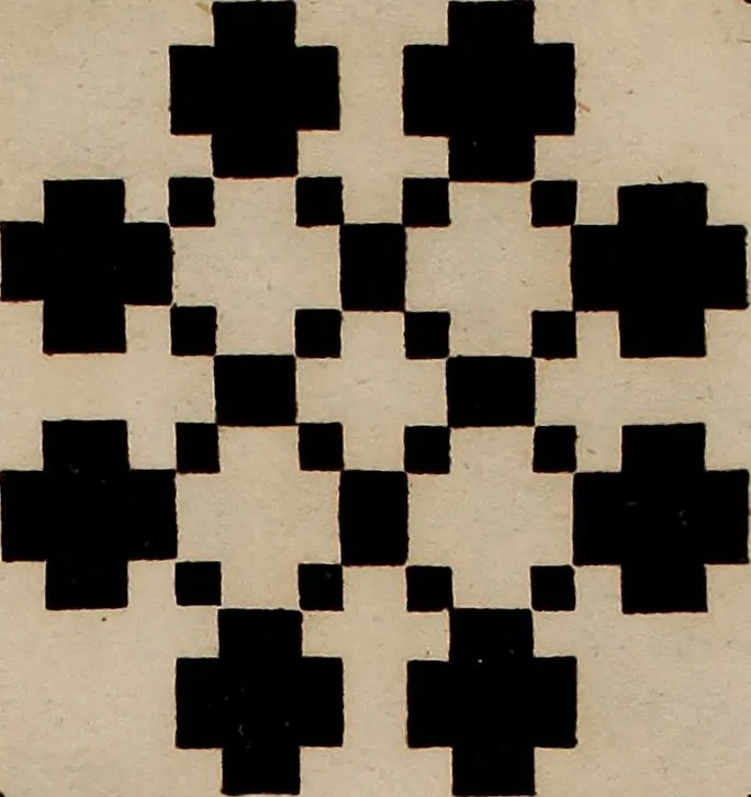 An illustration from Nützliches in lauter auserlesenen, wohl-approbirt- und meistentheils neu-inventirten Mustern bestehendes, Weber-Bild-Buch : als, zwey und siebenzig gesteinten Zeichnungen, von 15. bis auf 40. schäfftig und 32. Stück 16. und 20. schäfftigen Hin- und Wieder-Mödel, auch allerhand der nettesten Gattung von roth-gestreifften Arbeiten, sammt denen dazu gehörigen Zügen und Schnürungen : ingleichen allerhand nöthigen Bildern, auch Doppel-Kellisch, und einer Art von den Damast-Boden, 8. Flügel auf einen Bruch : dann eine Anweisung, wie sich diese Art Züg und Bilder zu halben Brüchen theilen, zerlegen, auch Doppel-Kellisch-Bilder so, wie man sie zum Gebrauch nöthig, selbst versetzen und verändern kan : wobey auch einer jeden Gattung insonderheit eine schrifftliche Anleitung voran gedruckt worden, 1740, leaf 102