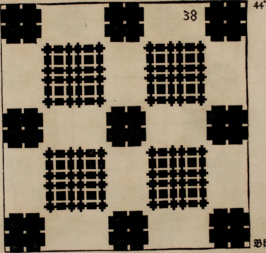 An illustration from Nützliches in lauter auserlesenen, wohl-approbirt- und meistentheils neu-inventirten Mustern bestehendes, Weber-Bild-Buch : als, zwey und siebenzig gesteinten Zeichnungen, von 15. bis auf 40. schäfftig und 32. Stück 16. und 20. schäfftigen Hin- und Wieder-Mödel, auch allerhand der nettesten Gattung von roth-gestreifften Arbeiten, sammt denen dazu gehörigen Zügen und Schnürungen : ingleichen allerhand nöthigen Bildern, auch Doppel-Kellisch, und einer Art von den Damast-Boden, 8. Flügel auf einen Bruch : dann eine Anweisung, wie sich diese Art Züg und Bilder zu halben Brüchen theilen, zerlegen, auch Doppel-Kellisch-Bilder so, wie man sie zum Gebrauch nöthig, selbst versetzen und verändern kan : wobey auch einer jeden Gattung insonderheit eine schrifftliche Anleitung voran gedruckt worden, 1740, leaf 104