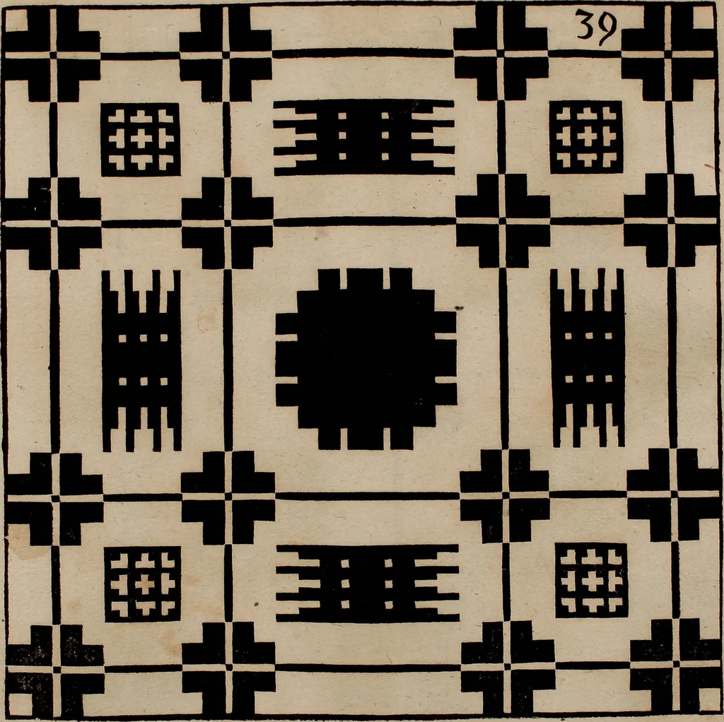 An illustration from Nützliches in lauter auserlesenen, wohl-approbirt- und meistentheils neu-inventirten Mustern bestehendes, Weber-Bild-Buch : als, zwey und siebenzig gesteinten Zeichnungen, von 15. bis auf 40. schäfftig und 32. Stück 16. und 20. schäfftigen Hin- und Wieder-Mödel, auch allerhand der nettesten Gattung von roth-gestreifften Arbeiten, sammt denen dazu gehörigen Zügen und Schnürungen : ingleichen allerhand nöthigen Bildern, auch Doppel-Kellisch, und einer Art von den Damast-Boden, 8. Flügel auf einen Bruch : dann eine Anweisung, wie sich diese Art Züg und Bilder zu halben Brüchen theilen, zerlegen, auch Doppel-Kellisch-Bilder so, wie man sie zum Gebrauch nöthig, selbst versetzen und verändern kan : wobey auch einer jeden Gattung insonderheit eine schrifftliche Anleitung voran gedruckt worden, 1740, leaf 106