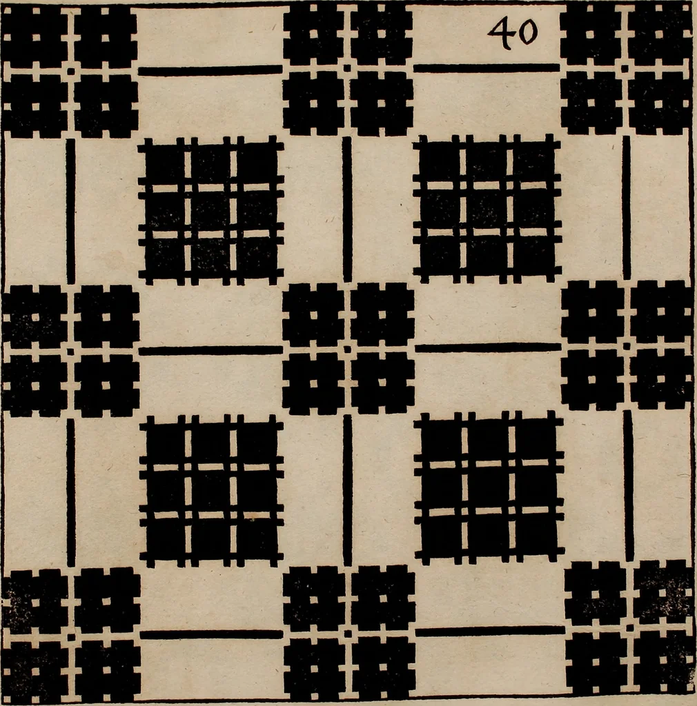 An illustration from Nützliches in lauter auserlesenen, wohl-approbirt- und meistentheils neu-inventirten Mustern bestehendes, Weber-Bild-Buch : als, zwey und siebenzig gesteinten Zeichnungen, von 15. bis auf 40. schäfftig und 32. Stück 16. und 20. schäfftigen Hin- und Wieder-Mödel, auch allerhand der nettesten Gattung von roth-gestreifften Arbeiten, sammt denen dazu gehörigen Zügen und Schnürungen : ingleichen allerhand nöthigen Bildern, auch Doppel-Kellisch, und einer Art von den Damast-Boden, 8. Flügel auf einen Bruch : dann eine Anweisung, wie sich diese Art Züg und Bilder zu halben Brüchen theilen, zerlegen, auch Doppel-Kellisch-Bilder so, wie man sie zum Gebrauch nöthig, selbst versetzen und verändern kan : wobey auch einer jeden Gattung insonderheit eine schrifftliche Anleitung voran gedruckt worden, 1740, leaf 108