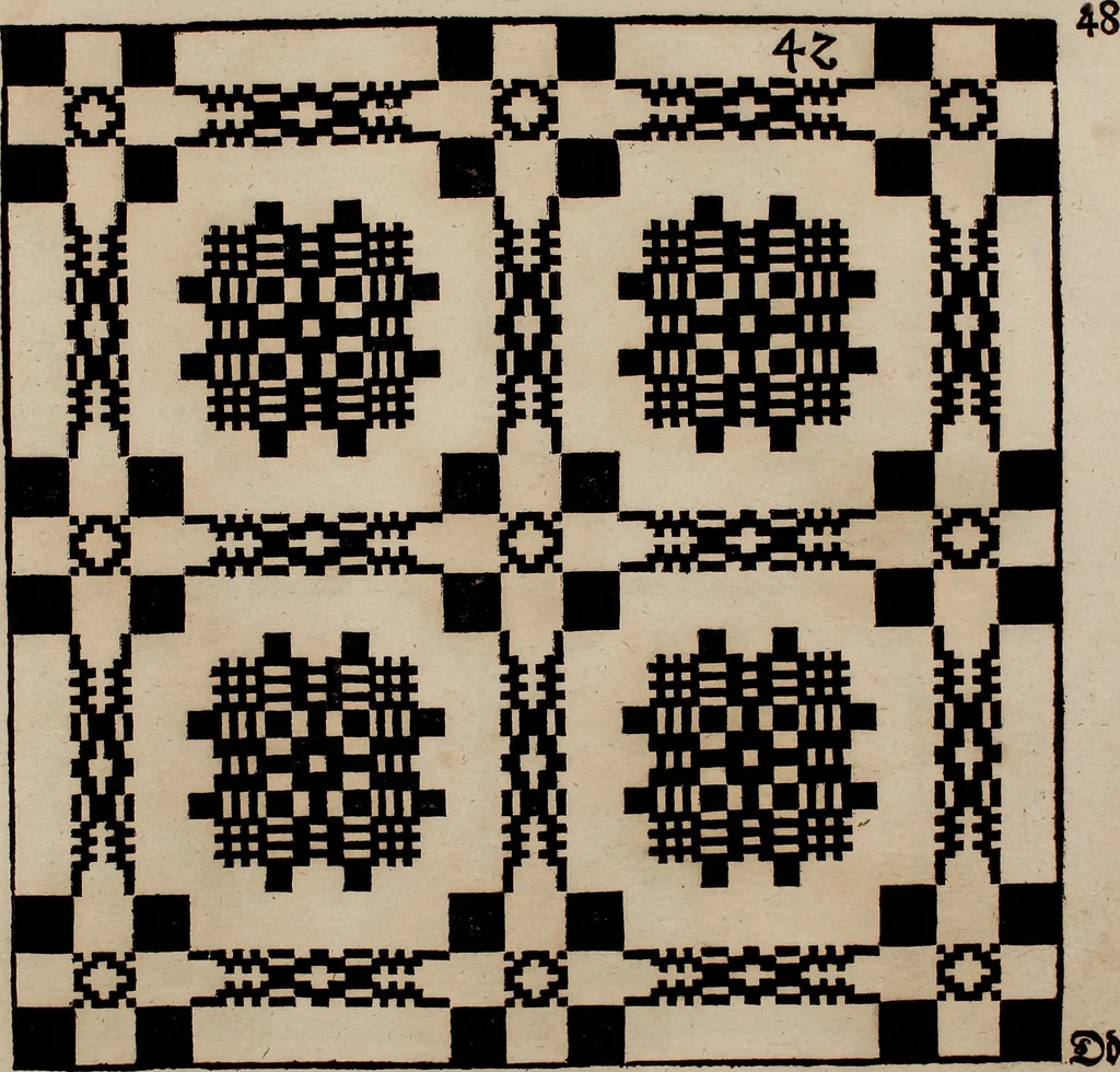 An illustration from Nützliches in lauter auserlesenen, wohl-approbirt- und meistentheils neu-inventirten Mustern bestehendes, Weber-Bild-Buch : als, zwey und siebenzig gesteinten Zeichnungen, von 15. bis auf 40. schäfftig und 32. Stück 16. und 20. schäfftigen Hin- und Wieder-Mödel, auch allerhand der nettesten Gattung von roth-gestreifften Arbeiten, sammt denen dazu gehörigen Zügen und Schnürungen : ingleichen allerhand nöthigen Bildern, auch Doppel-Kellisch, und einer Art von den Damast-Boden, 8. Flügel auf einen Bruch : dann eine Anweisung, wie sich diese Art Züg und Bilder zu halben Brüchen theilen, zerlegen, auch Doppel-Kellisch-Bilder so, wie man sie zum Gebrauch nöthig, selbst versetzen und verändern kan : wobey auch einer jeden Gattung insonderheit eine schrifftliche Anleitung voran gedruckt worden, 1740, leaf 112
