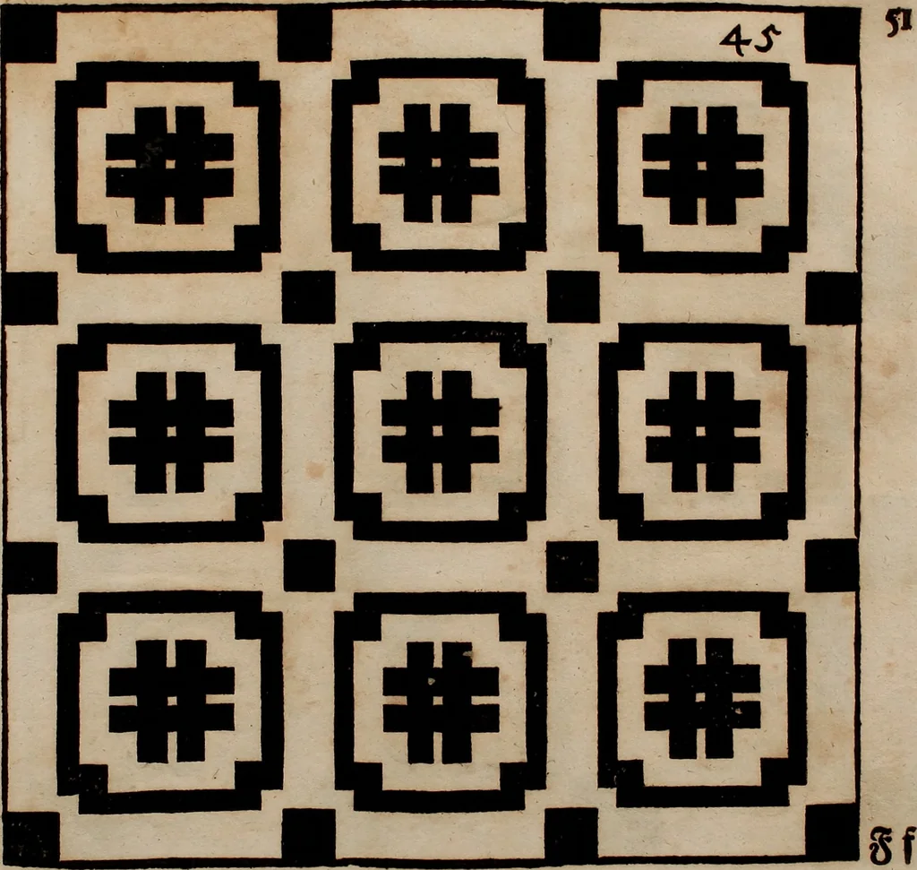 An illustration from Nützliches in lauter auserlesenen, wohl-approbirt- und meistentheils neu-inventirten Mustern bestehendes, Weber-Bild-Buch : als, zwey und siebenzig gesteinten Zeichnungen, von 15. bis auf 40. schäfftig und 32. Stück 16. und 20. schäfftigen Hin- und Wieder-Mödel, auch allerhand der nettesten Gattung von roth-gestreifften Arbeiten, sammt denen dazu gehörigen Zügen und Schnürungen : ingleichen allerhand nöthigen Bildern, auch Doppel-Kellisch, und einer Art von den Damast-Boden, 8. Flügel auf einen Bruch : dann eine Anweisung, wie sich diese Art Züg und Bilder zu halben Brüchen theilen, zerlegen, auch Doppel-Kellisch-Bilder so, wie man sie zum Gebrauch nöthig, selbst versetzen und verändern kan : wobey auch einer jeden Gattung insonderheit eine schrifftliche Anleitung voran gedruckt worden, 1740, leaf 118