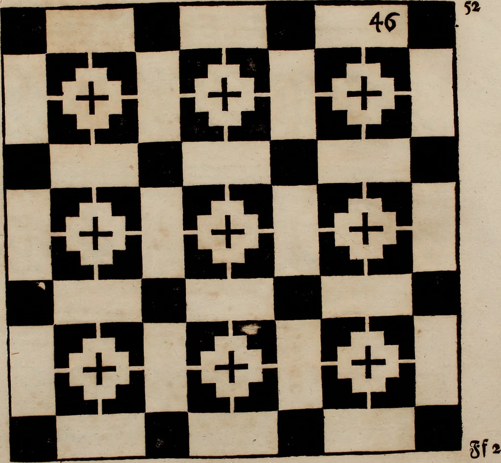 An illustration from Nützliches in lauter auserlesenen, wohl-approbirt- und meistentheils neu-inventirten Mustern bestehendes, Weber-Bild-Buch : als, zwey und siebenzig gesteinten Zeichnungen, von 15. bis auf 40. schäfftig und 32. Stück 16. und 20. schäfftigen Hin- und Wieder-Mödel, auch allerhand der nettesten Gattung von roth-gestreifften Arbeiten, sammt denen dazu gehörigen Zügen und Schnürungen : ingleichen allerhand nöthigen Bildern, auch Doppel-Kellisch, und einer Art von den Damast-Boden, 8. Flügel auf einen Bruch : dann eine Anweisung, wie sich diese Art Züg und Bilder zu halben Brüchen theilen, zerlegen, auch Doppel-Kellisch-Bilder so, wie man sie zum Gebrauch nöthig, selbst versetzen und verändern kan : wobey auch einer jeden Gattung insonderheit eine schrifftliche Anleitung voran gedruckt worden, 1740, leaf 120