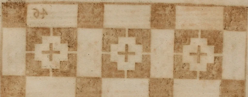 An illustration from Nützliches in lauter auserlesenen, wohl-approbirt- und meistentheils neu-inventirten Mustern bestehendes, Weber-Bild-Buch : als, zwey und siebenzig gesteinten Zeichnungen, von 15. bis auf 40. schäfftig und 32. Stück 16. und 20. schäfftigen Hin- und Wieder-Mödel, auch allerhand der nettesten Gattung von roth-gestreifften Arbeiten, sammt denen dazu gehörigen Zügen und Schnürungen : ingleichen allerhand nöthigen Bildern, auch Doppel-Kellisch, und einer Art von den Damast-Boden, 8. Flügel auf einen Bruch : dann eine Anweisung, wie sich diese Art Züg und Bilder zu halben Brüchen theilen, zerlegen, auch Doppel-Kellisch-Bilder so, wie man sie zum Gebrauch nöthig, selbst versetzen und verändern kan : wobey auch einer jeden Gattung insonderheit eine schrifftliche Anleitung voran gedruckt worden, 1740, leaf 121