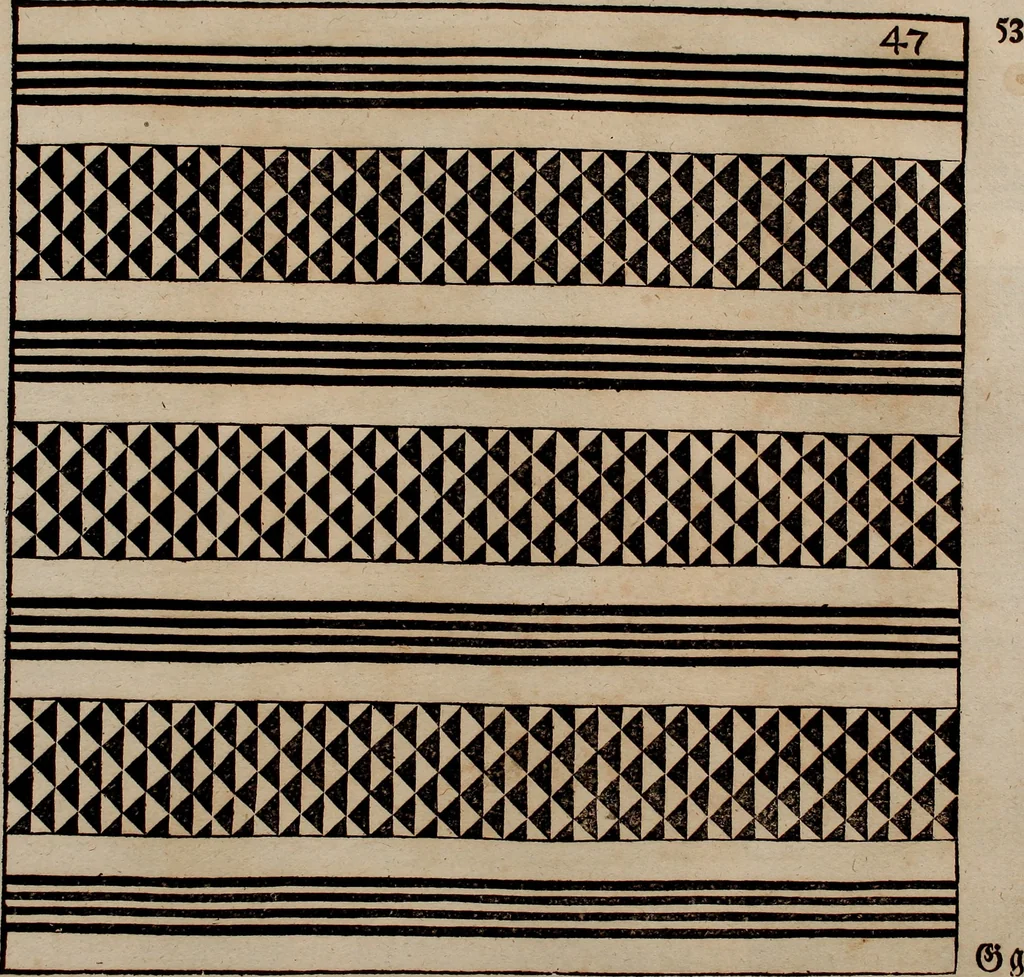 An illustration from Nützliches in lauter auserlesenen, wohl-approbirt- und meistentheils neu-inventirten Mustern bestehendes, Weber-Bild-Buch : als, zwey und siebenzig gesteinten Zeichnungen, von 15. bis auf 40. schäfftig und 32. Stück 16. und 20. schäfftigen Hin- und Wieder-Mödel, auch allerhand der nettesten Gattung von roth-gestreifften Arbeiten, sammt denen dazu gehörigen Zügen und Schnürungen : ingleichen allerhand nöthigen Bildern, auch Doppel-Kellisch, und einer Art von den Damast-Boden, 8. Flügel auf einen Bruch : dann eine Anweisung, wie sich diese Art Züg und Bilder zu halben Brüchen theilen, zerlegen, auch Doppel-Kellisch-Bilder so, wie man sie zum Gebrauch nöthig, selbst versetzen und verändern kan : wobey auch einer jeden Gattung insonderheit eine schrifftliche Anleitung voran gedruckt worden, 1740, leaf 122