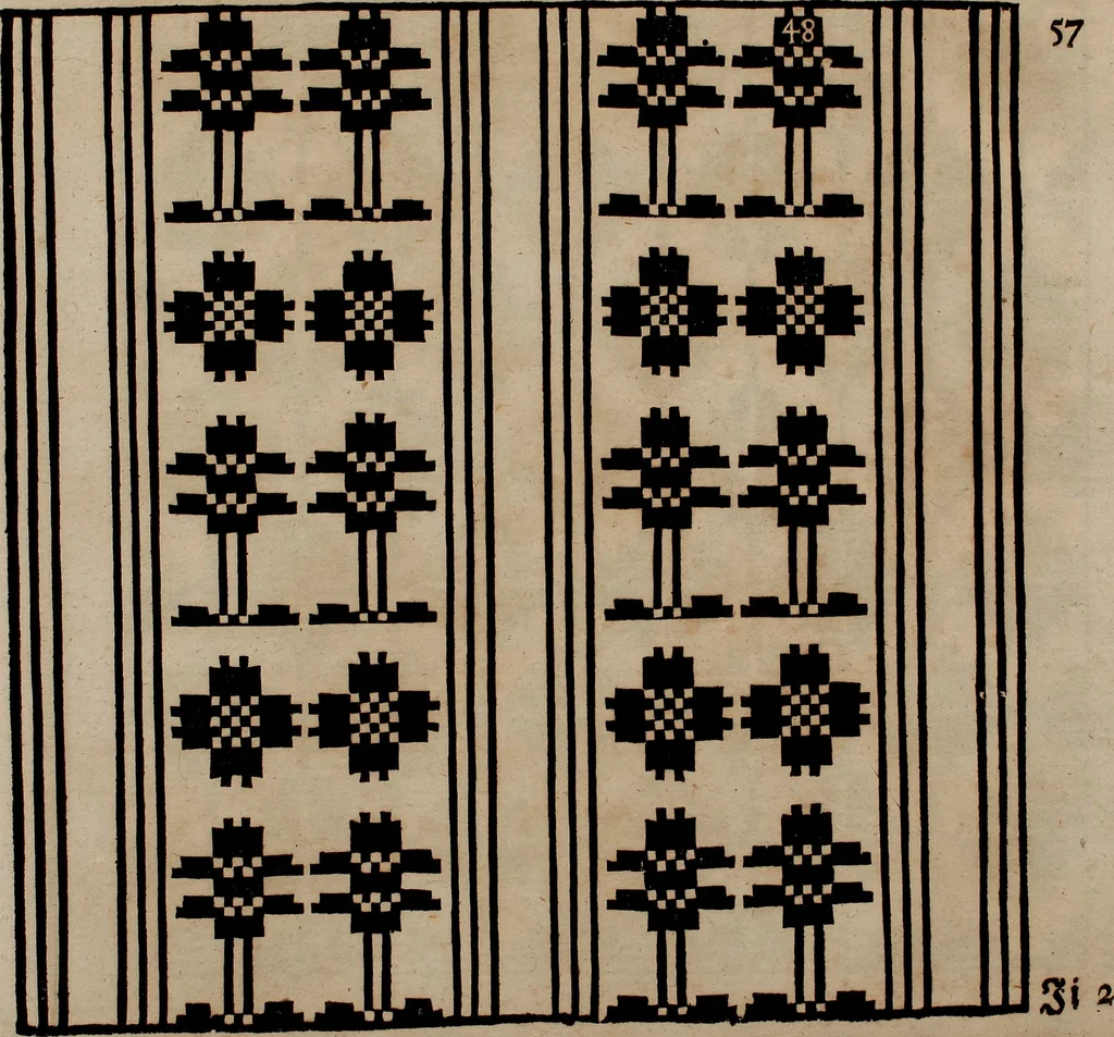 An illustration from Nützliches in lauter auserlesenen, wohl-approbirt- und meistentheils neu-inventirten Mustern bestehendes, Weber-Bild-Buch : als, zwey und siebenzig gesteinten Zeichnungen, von 15. bis auf 40. schäfftig und 32. Stück 16. und 20. schäfftigen Hin- und Wieder-Mödel, auch allerhand der nettesten Gattung von roth-gestreifften Arbeiten, sammt denen dazu gehörigen Zügen und Schnürungen : ingleichen allerhand nöthigen Bildern, auch Doppel-Kellisch, und einer Art von den Damast-Boden, 8. Flügel auf einen Bruch : dann eine Anweisung, wie sich diese Art Züg und Bilder zu halben Brüchen theilen, zerlegen, auch Doppel-Kellisch-Bilder so, wie man sie zum Gebrauch nöthig, selbst versetzen und verändern kan : wobey auch einer jeden Gattung insonderheit eine schrifftliche Anleitung voran gedruckt worden, 1740, leaf 130