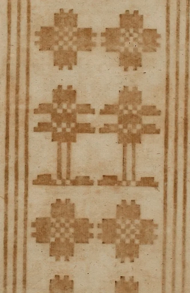 An illustration from Nützliches in lauter auserlesenen, wohl-approbirt- und meistentheils neu-inventirten Mustern bestehendes, Weber-Bild-Buch : als, zwey und siebenzig gesteinten Zeichnungen, von 15. bis auf 40. schäfftig und 32. Stück 16. und 20. schäfftigen Hin- und Wieder-Mödel, auch allerhand der nettesten Gattung von roth-gestreifften Arbeiten, sammt denen dazu gehörigen Zügen und Schnürungen : ingleichen allerhand nöthigen Bildern, auch Doppel-Kellisch, und einer Art von den Damast-Boden, 8. Flügel auf einen Bruch : dann eine Anweisung, wie sich diese Art Züg und Bilder zu halben Brüchen theilen, zerlegen, auch Doppel-Kellisch-Bilder so, wie man sie zum Gebrauch nöthig, selbst versetzen und verändern kan : wobey auch einer jeden Gattung insonderheit eine schrifftliche Anleitung voran gedruckt worden, 1740, leaf 131
