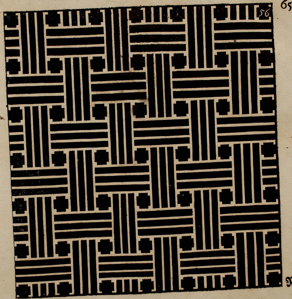 An illustration from Nützliches in lauter auserlesenen, wohl-approbirt- und meistentheils neu-inventirten Mustern bestehendes, Weber-Bild-Buch : als, zwey und siebenzig gesteinten Zeichnungen, von 15. bis auf 40. schäfftig und 32. Stück 16. und 20. schäfftigen Hin- und Wieder-Mödel, auch allerhand der nettesten Gattung von roth-gestreifften Arbeiten, sammt denen dazu gehörigen Zügen und Schnürungen : ingleichen allerhand nöthigen Bildern, auch Doppel-Kellisch, und einer Art von den Damast-Boden, 8. Flügel auf einen Bruch : dann eine Anweisung, wie sich diese Art Züg und Bilder zu halben Brüchen theilen, zerlegen, auch Doppel-Kellisch-Bilder so, wie man sie zum Gebrauch nöthig, selbst versetzen und verändern kan : wobey auch einer jeden Gattung insonderheit eine schrifftliche Anleitung voran gedruckt worden, 1740, leaf 146