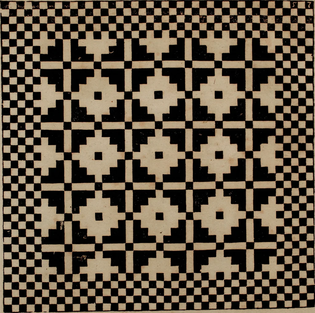 An illustration from Nützliches in lauter auserlesenen, wohl-approbirt- und meistentheils neu-inventirten Mustern bestehendes, Weber-Bild-Buch : als, zwey und siebenzig gesteinten Zeichnungen, von 15. bis auf 40. schäfftig und 32. Stück 16. und 20. schäfftigen Hin- und Wieder-Mödel, auch allerhand der nettesten Gattung von roth-gestreifften Arbeiten, sammt denen dazu gehörigen Zügen und Schnürungen : ingleichen allerhand nöthigen Bildern, auch Doppel-Kellisch, und einer Art von den Damast-Boden, 8. Flügel auf einen Bruch : dann eine Anweisung, wie sich diese Art Züg und Bilder zu halben Brüchen theilen, zerlegen, auch Doppel-Kellisch-Bilder so, wie man sie zum Gebrauch nöthig, selbst versetzen und verändern kan : wobey auch einer jeden Gattung insonderheit eine schrifftliche Anleitung voran gedruckt worden, 1740, leaf 148