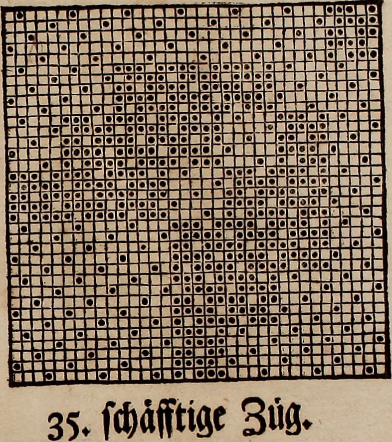 An illustration from Nützliches in lauter auserlesenen, wohl-approbirt- und meistentheils neu-inventirten Mustern bestehendes, Weber-Bild-Buch : als, zwey und siebenzig gesteinten Zeichnungen, von 15. bis auf 40. schäfftig und 32. Stück 16. und 20. schäfftigen Hin- und Wieder-Mödel, auch allerhand der nettesten Gattung von roth-gestreifften Arbeiten, sammt denen dazu gehörigen Zügen und Schnürungen : ingleichen allerhand nöthigen Bildern, auch Doppel-Kellisch, und einer Art von den Damast-Boden, 8. Flügel auf einen Bruch : dann eine Anweisung, wie sich diese Art Züg und Bilder zu halben Brüchen theilen, zerlegen, auch Doppel-Kellisch-Bilder so, wie man sie zum Gebrauch nöthig, selbst versetzen und verändern kan : wobey auch einer jeden Gattung insonderheit eine schrifftliche Anleitung voran gedruckt worden, 1740, leaf 154