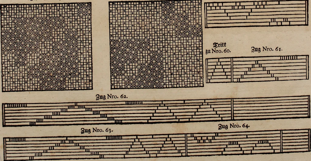 An illustration from Nützliches in lauter auserlesenen, wohl-approbirt- und meistentheils neu-inventirten Mustern bestehendes, Weber-Bild-Buch : als, zwey und siebenzig gesteinten Zeichnungen, von 15. bis auf 40. schäfftig und 32. Stück 16. und 20. schäfftigen Hin- und Wieder-Mödel, auch allerhand der nettesten Gattung von roth-gestreifften Arbeiten, sammt denen dazu gehörigen Zügen und Schnürungen : ingleichen allerhand nöthigen Bildern, auch Doppel-Kellisch, und einer Art von den Damast-Boden, 8. Flügel auf einen Bruch : dann eine Anweisung, wie sich diese Art Züg und Bilder zu halben Brüchen theilen, zerlegen, auch Doppel-Kellisch-Bilder so, wie man sie zum Gebrauch nöthig, selbst versetzen und verändern kan : wobey auch einer jeden Gattung insonderheit eine schrifftliche Anleitung voran gedruckt worden, 1740, leaf 154