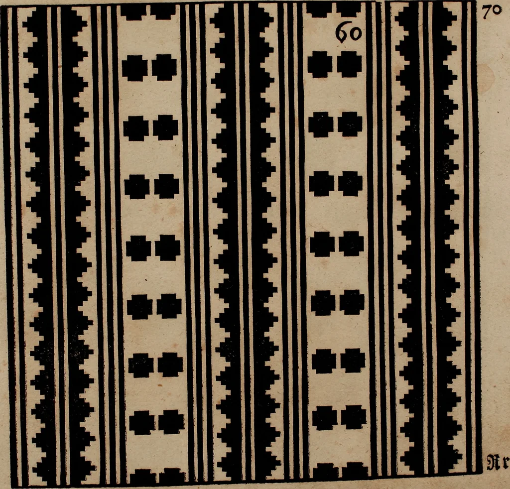 An illustration from Nützliches in lauter auserlesenen, wohl-approbirt- und meistentheils neu-inventirten Mustern bestehendes, Weber-Bild-Buch : als, zwey und siebenzig gesteinten Zeichnungen, von 15. bis auf 40. schäfftig und 32. Stück 16. und 20. schäfftigen Hin- und Wieder-Mödel, auch allerhand der nettesten Gattung von roth-gestreifften Arbeiten, sammt denen dazu gehörigen Zügen und Schnürungen : ingleichen allerhand nöthigen Bildern, auch Doppel-Kellisch, und einer Art von den Damast-Boden, 8. Flügel auf einen Bruch : dann eine Anweisung, wie sich diese Art Züg und Bilder zu halben Brüchen theilen, zerlegen, auch Doppel-Kellisch-Bilder so, wie man sie zum Gebrauch nöthig, selbst versetzen und verändern kan : wobey auch einer jeden Gattung insonderheit eine schrifftliche Anleitung voran gedruckt worden, 1740, leaf 156