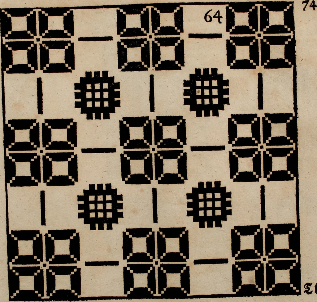 An illustration from Nützliches in lauter auserlesenen, wohl-approbirt- und meistentheils neu-inventirten Mustern bestehendes, Weber-Bild-Buch : als, zwey und siebenzig gesteinten Zeichnungen, von 15. bis auf 40. schäfftig und 32. Stück 16. und 20. schäfftigen Hin- und Wieder-Mödel, auch allerhand der nettesten Gattung von roth-gestreifften Arbeiten, sammt denen dazu gehörigen Zügen und Schnürungen : ingleichen allerhand nöthigen Bildern, auch Doppel-Kellisch, und einer Art von den Damast-Boden, 8. Flügel auf einen Bruch : dann eine Anweisung, wie sich diese Art Züg und Bilder zu halben Brüchen theilen, zerlegen, auch Doppel-Kellisch-Bilder so, wie man sie zum Gebrauch nöthig, selbst versetzen und verändern kan : wobey auch einer jeden Gattung insonderheit eine schrifftliche Anleitung voran gedruckt worden, 1740, leaf 164
