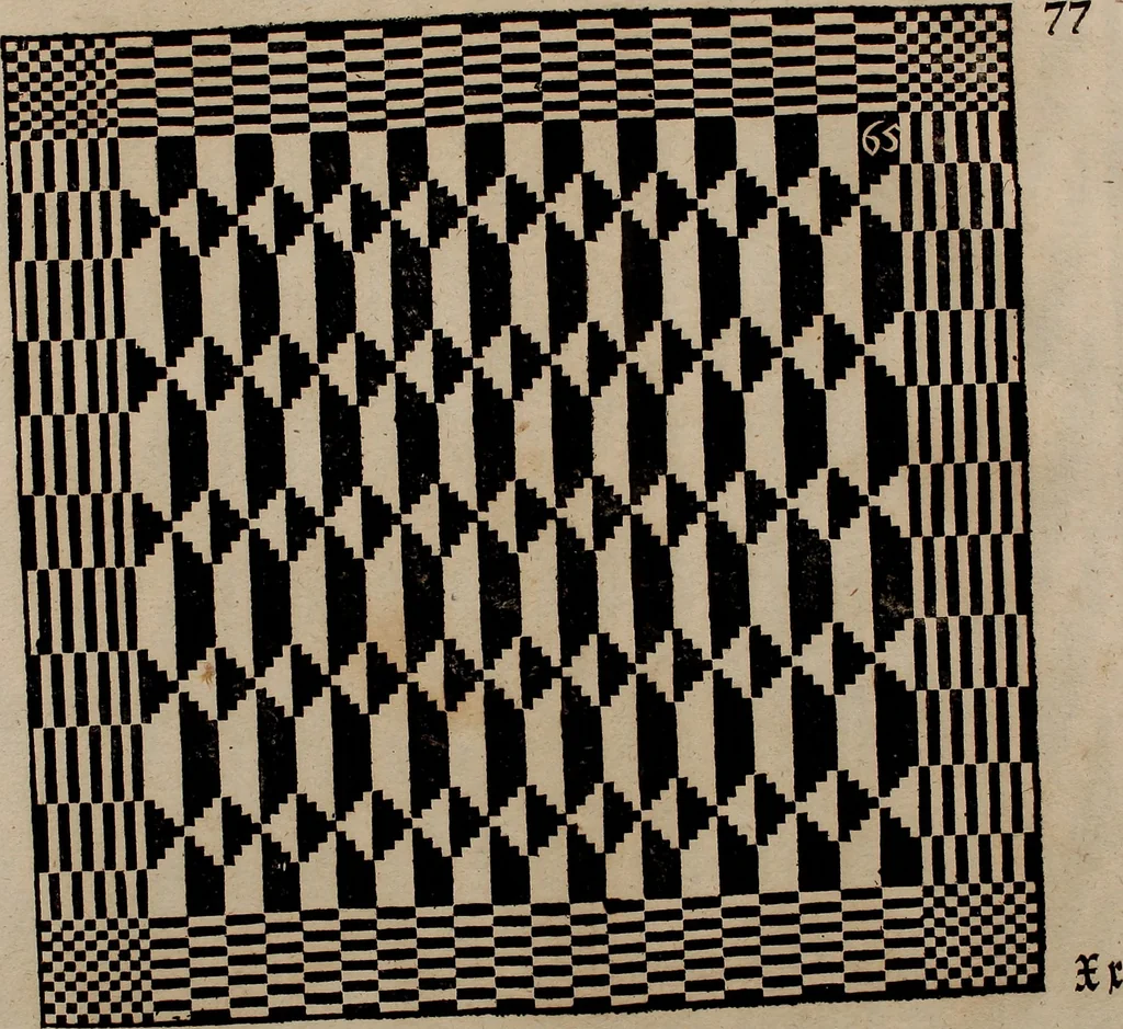 An illustration from Nützliches in lauter auserlesenen, wohl-approbirt- und meistentheils neu-inventirten Mustern bestehendes, Weber-Bild-Buch : als, zwey und siebenzig gesteinten Zeichnungen, von 15. bis auf 40. schäfftig und 32. Stück 16. und 20. schäfftigen Hin- und Wieder-Mödel, auch allerhand der nettesten Gattung von roth-gestreifften Arbeiten, sammt denen dazu gehörigen Zügen und Schnürungen : ingleichen allerhand nöthigen Bildern, auch Doppel-Kellisch, und einer Art von den Damast-Boden, 8. Flügel auf einen Bruch : dann eine Anweisung, wie sich diese Art Züg und Bilder zu halben Brüchen theilen, zerlegen, auch Doppel-Kellisch-Bilder so, wie man sie zum Gebrauch nöthig, selbst versetzen und verändern kan : wobey auch einer jeden Gattung insonderheit eine schrifftliche Anleitung voran gedruckt worden, 1740, leaf 170