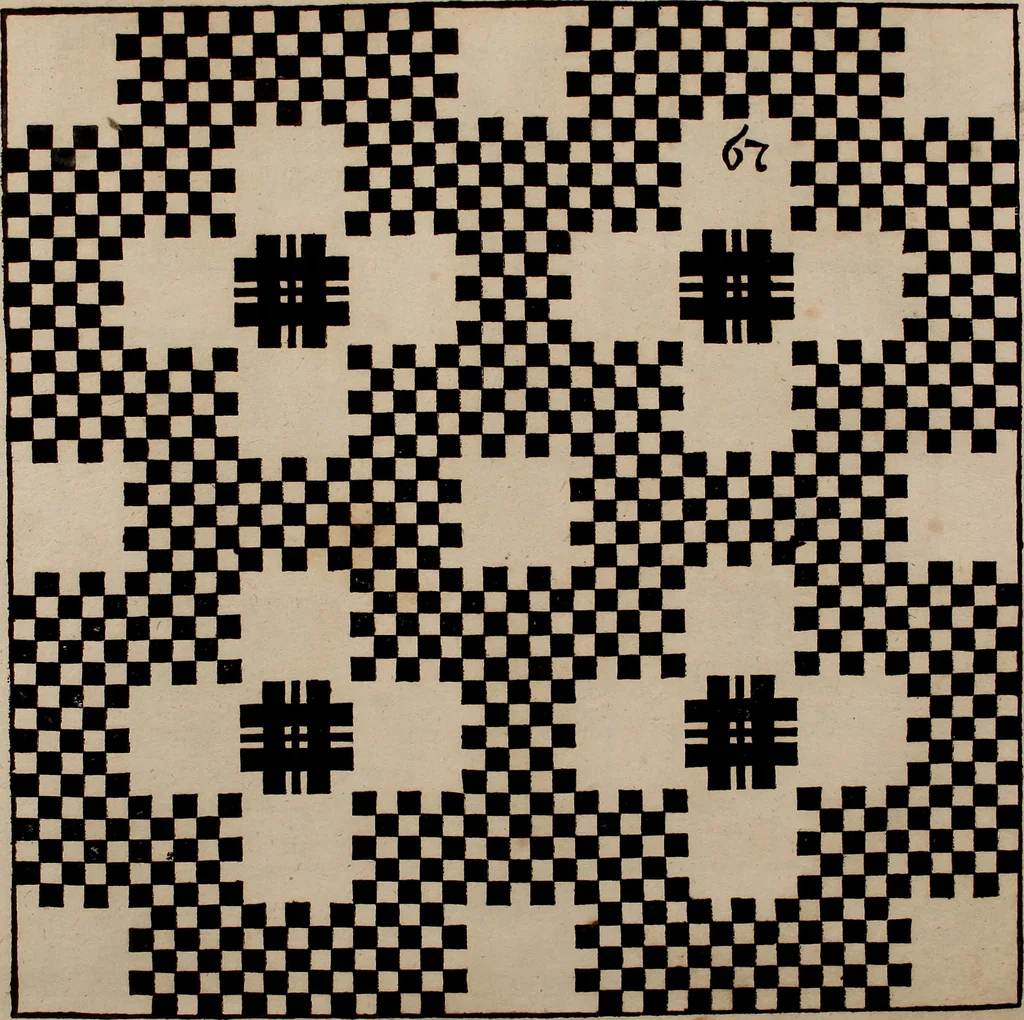 An illustration from Nützliches in lauter auserlesenen, wohl-approbirt- und meistentheils neu-inventirten Mustern bestehendes, Weber-Bild-Buch : als, zwey und siebenzig gesteinten Zeichnungen, von 15. bis auf 40. schäfftig und 32. Stück 16. und 20. schäfftigen Hin- und Wieder-Mödel, auch allerhand der nettesten Gattung von roth-gestreifften Arbeiten, sammt denen dazu gehörigen Zügen und Schnürungen : ingleichen allerhand nöthigen Bildern, auch Doppel-Kellisch, und einer Art von den Damast-Boden, 8. Flügel auf einen Bruch : dann eine Anweisung, wie sich diese Art Züg und Bilder zu halben Brüchen theilen, zerlegen, auch Doppel-Kellisch-Bilder so, wie man sie zum Gebrauch nöthig, selbst versetzen und verändern kan : wobey auch einer jeden Gattung insonderheit eine schrifftliche Anleitung voran gedruckt worden, 1740, leaf 174